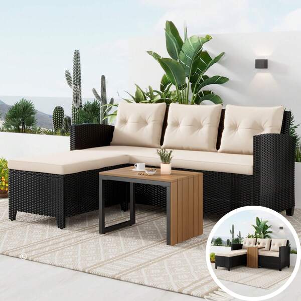 Patio Furniture Sectional Sofa Set – 3 Piece All Weather Black Resin Wicker Outdoor Conversation Set Beige Washable Cushions & Coffee Table | Garden | Backyard | Pool