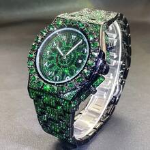1pc New Men's Hip-Hop Watch Date Party Dial Large Diamond Green Ice Diamond Clock Fashionable Quartz Watch Luxurious Men's Luminous Hand Clock - one-size - View 5