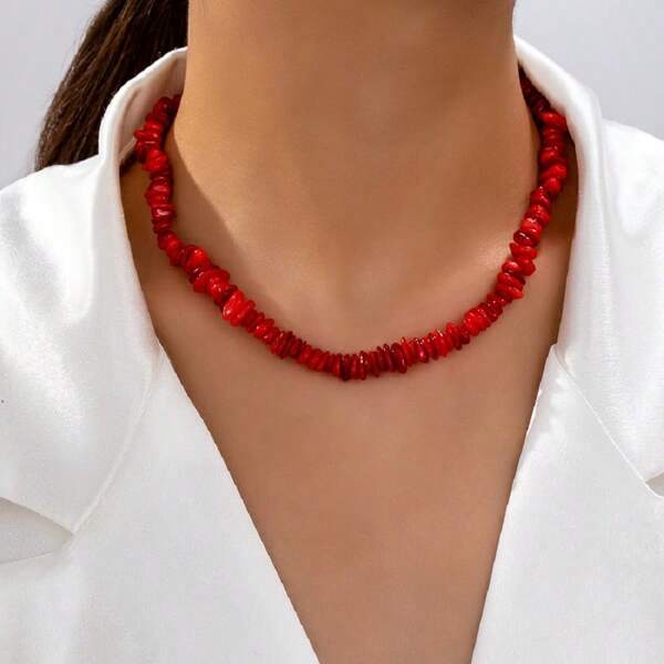 1 Stück natürliche asymmetrische rote Stein Halskette, aufhellend, geeignet für Urlaub, Strand, Mode Choker