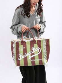 绿棕色学院风撞色条纹托特包，Y2K多巴胺单肩包，大容量周末旅行通勤包 - 棕色 - 查看 6