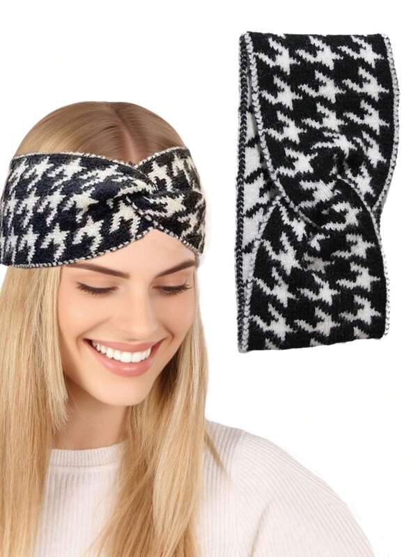 1pc Retro Houndstooth Print Knotted Stretchy Elastic Headband, Wide Hairband For Women, Versatile Fashion Accessory, Ideal Gift For Returns To School, Graduation, Valentine's Day, Thanksgiving, School Stuff, College, Headbands