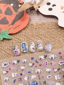 2 件可爱卡通万圣节美甲浮雕贴纸 - 鬼魂、南瓜、蜘蛛、小鬼和花朵图案，女士自粘美甲贴花，5D 浮雕饰面，可爱、有趣和卡通主题，易于粘贴指甲装饰、DIY、节日礼物、派对风格 - 彩色 - 查看 3