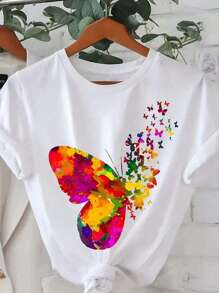 Mujer T-Shirt  camiseta de | Envío desde México | Alta calidad y tejido transpirable | Camiseta suelta de manga corta con estampado en blanco y negro para mujer Diseño de Mariposa Colorida en Camisa Blanca |Lavable a máquina| Camiseta de cuello redondo deportiva casual| Cómoda,