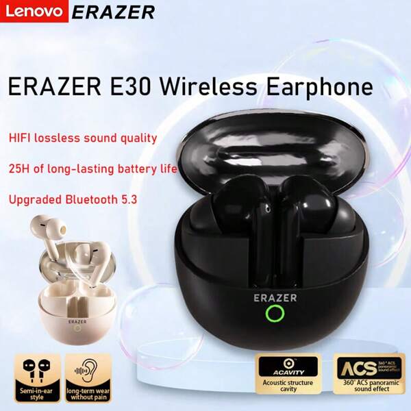 Lenovo Écouteurs sans fil Lenovo ERAZER E30, longue durée de vie de la batterie, écouteurs intra-auriculaires Bluetooth 5.3 pour le sport, graves puissants stéréo, microphone anti-bruit ENC, étanche IPX4, convient pour le fitness/la course, écouteurs sans fil