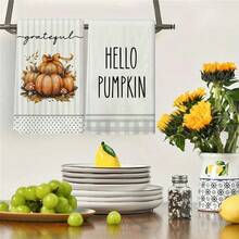 Un set de 2 bucăți de prosoape cu tematică de toamnă de Ziua Recunoștinței, concepute cu prosoape imprimate cu model de dovleac și frunze de arțar, lavabile la mașină, rezistente la căldură, absorbante și reutilizabile, potrivite pentru decorarea camerei, prosoape de bucătărie și baie, decorarea petrecerilor, decorarea casei, fiind un cadou ideal pentru toamnă și Ziua Recunoștinței. - Multicolor - Vizualizare 2