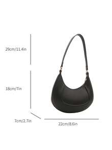 1pc Zipper Closure PU Solid Color Crescent Underarm Bag, Fashion Retro Shoulder Bag For Office/Work, Versatile For Women Daily Use - Black - View 12