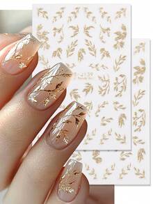 2 件金色闪光叶子指甲贴，柳叶 3D 图案中国风魅力指甲装饰自粘美甲贴纸适用于 DIY 沙龙、女士和美甲用品 - 金色 - 查看 2