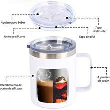 Termo para Cafe de Acero Inoxidable 14OZ,Taza Termica de Asa de 400ML,con Tapa Hermética,2-Pajita y 2-Cepillo de Limpieza,Taza Termica Frio y Caliente Portátil,Vaso de Viaje para Cafe,Té,Agua y Bebidas - blanco - Ver 4