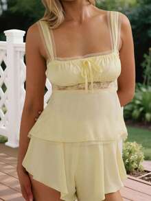 Lace Patchwork Satin PJs Set For Women Spaghetti Strap Backless Tie Front Lace Trim Tank Tops And Wide Leg Loose Micro Shorts Y2k Casual Loungewear Sleepwear Outfit Beach Vacation Set - Màu vàng - Xem 3