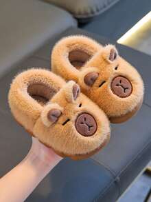 1 Pair Kids Capybara Plush Cartoon Decor Soft Bottom Lightweight Indoor Slippers, Suitable For Boys And Girls, Backless And Warm For Indoor Wear - Coffee Brown - View 4