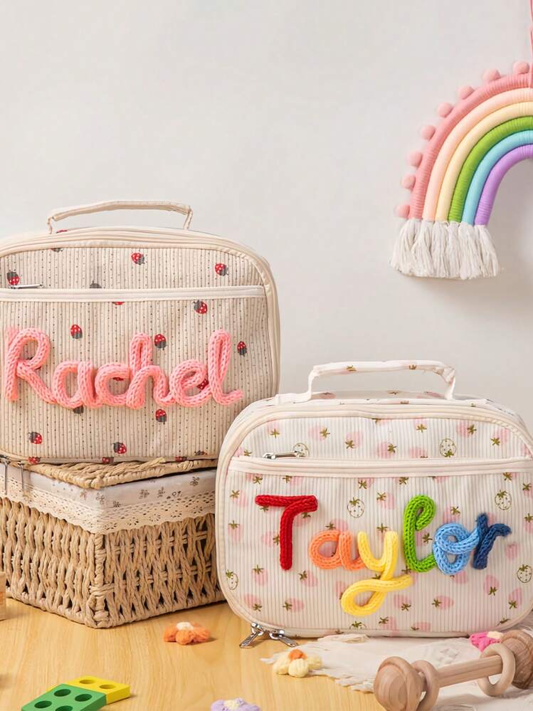 Bolsa de almuerzo personalizada de pana con nombre de hilo, regalo para niños, bolsa de regreso a la escuela - Bolsa de tote para niños, bolsa de lonchera con nombre hecha a mano, buena calidad, cómoda, regalo de cumpleaños, regalo de Navidad - Multicolor - Añade 6