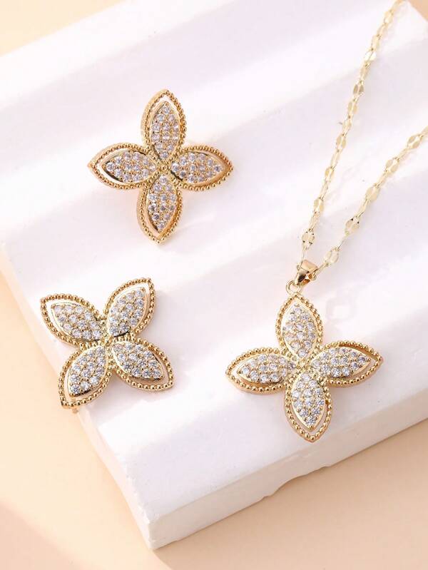 3pcs Four-Leaf Flower Jewelry Set For Women, Inlaid With Super Shiny Cubic Zirconia, Full Diamond Design, Stainless Steel Necklace, Perfect Gift For Loved Ones And Friends