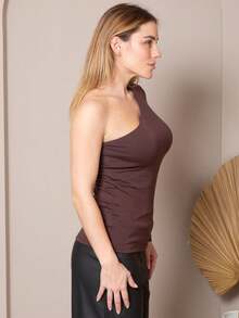 Kit 3 Blusas Feminina Um Ombro Só Mula Manca Manga Longa  Simples    Viscose    Assimétrico    Noite  Feriado  Festa de aniversário - Marrom - Visão 4