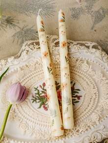 2pcs Printed Long Stem Candles, Romantic European Style Smokeless Odorless Candles, Suitable For Weddings, Birthdays, Parties, Candlelight Dinners, Home Decor