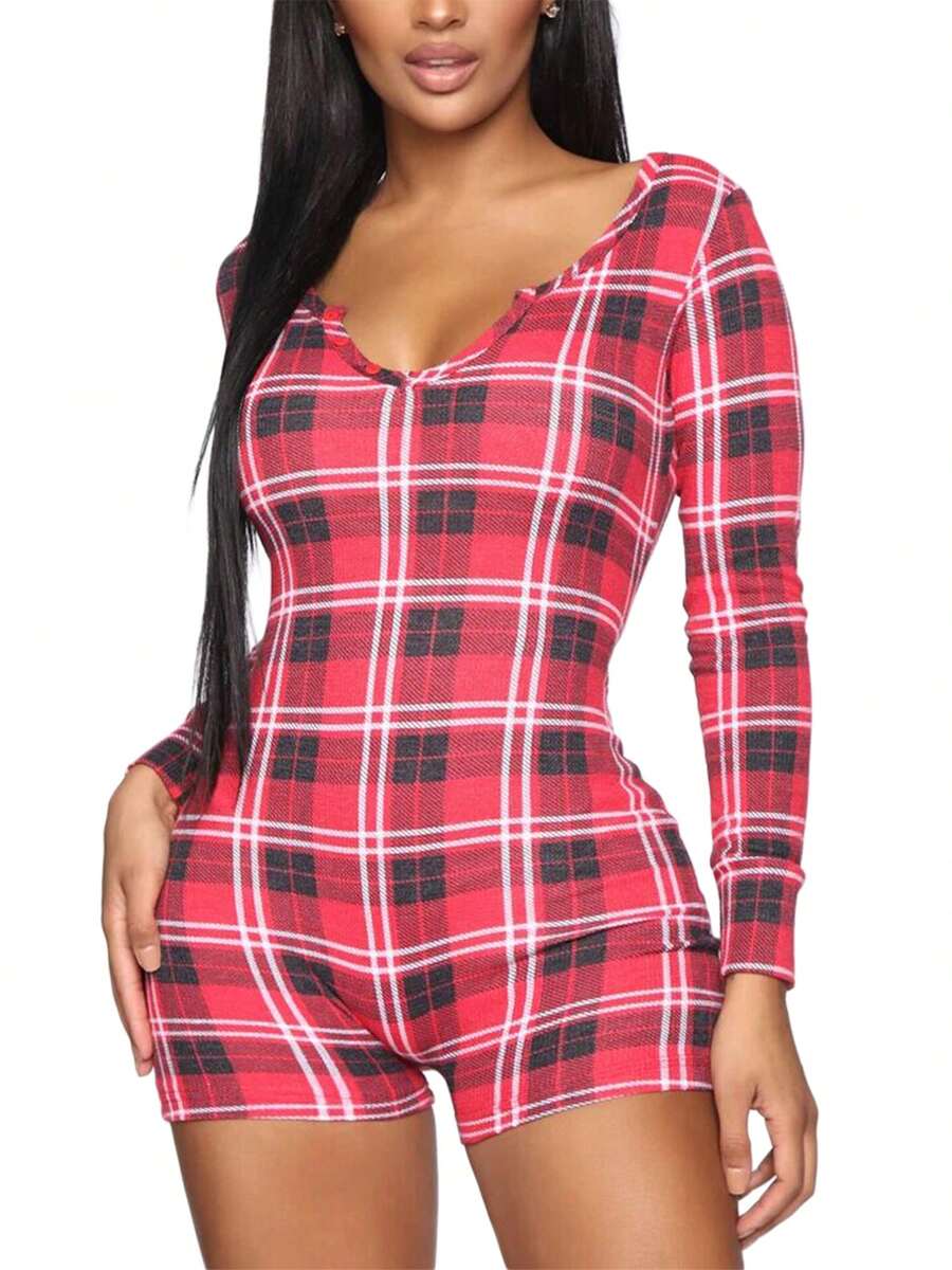 Women's Sexy Romper Shorts, Funny Print Long Sleeve Button Down Deep V Neck Bodysuit - Cuadros rojos y negros - Ver 1