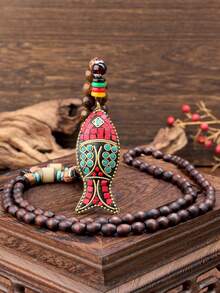 Dây chuyền mặt hình cá kiểu Nepal cổ điển, dây chuyền dài làm thủ công bằng hạt gỗ, phụ kiện văn hóa độc đáo, chế tác tinh xảo, hạt nhiều màu sắc. - Nhiều màu - Xem 12