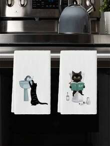 2 件套超细纤维手巾套装，现代针织涤纶猫主题毛巾，柔软可机洗，超强吸水，黑猫装饰，猫爱好者的理想之选