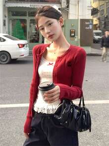 Áo len cardigan dệt kim ôm vừa vặn màu đỏ dành cho nữ, áo len mỏng đa năng gợi cảm mùa thu/đông mới, thích hợp cho Giáng sinh, năm mới, đi làm và đi chơi - Đỏ - Xem 3