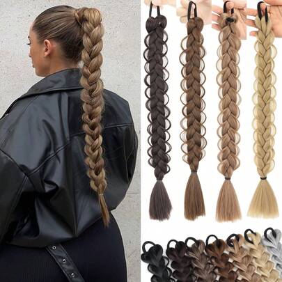 18 Zoll lange synthetische handgemachte Zöpfe Pferdeschwanz Verlängerungen mit elastischem Gummiband, verdrehte geflochtene Pferdeschwänze für Frauen für täglichen Partygebrauch, schwarz, braun, blond, grau, Fake Zöpfe Haarteil zur Volumenerhöhung