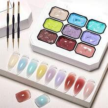 MEET ACROSS 9 Colors Nail Gel Polish Set With 3 Painting Brushes, 8 Sponge Blocks, Macaron Candy Color Nail Gel, High Saturation Semi-Solid Nail Polish Gel, Suitable For Ombre Nails, Nail Art Design And Nail Salons - 彩色 - 查看 4