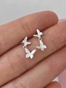 925纯银镀白金蝴蝶流苏耳环，简约小巧耳环，韩式优雅风格，适合有耳洞的女性，防过敏，情人节礼物 - 白金 - 查看 1