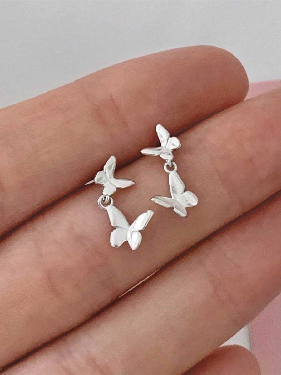 925纯银镀白金蝴蝶流苏耳环，简约小巧耳环，韩式优雅风格，适合有耳洞的女性，防过敏，情人节礼物 - 白金 - 查看 1