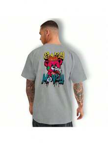 Men's T-Shirt Bear Money Crown Printed Cotton Shirt Print Front Back - Grey - View 1