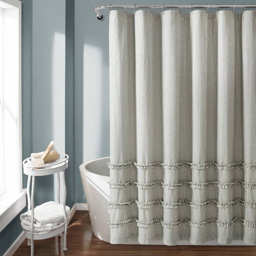 LUSH DECOR Vintage Stripe Yarn Dyed Cotton Blend Shower Curtain Black Single 72x72 Halloween-Fall Decor-Room Decor - Gray - 查看 1