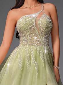 VIPGIRL Mint Green Sequin Sheer Asymmetric Formal Evening Gown, High Slit Design, Shiny Formal Maxi A-Line Prom Dress, Suitable For Women, Formal Occasions, Bridesmaids, Pageants, Wedding Guests - Lime Green - View 10