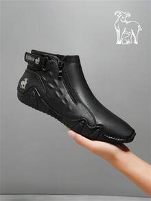 Men's Casual High-Top Leather Boots With Side Zipper Design, For Daily Wear - Black - View 7