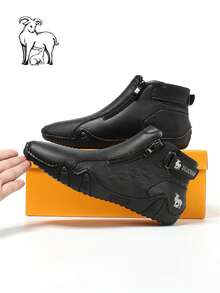 Men's Casual High-Top Leather Boots With Side Zipper Design, For Daily Wear - Black - View 11