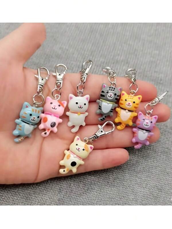 10 Stück/Set süße Katzen Schlüsselanhänger, Cartoon Tier Harz Deko, Schlüsselring mit Karabinerverschluss, dekoratives Geburtstagsgeschenk, geeignet für Taschen und Autoschlüssel (zufällige Farbe)