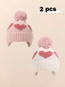 2 Peças Gorro de Bebê Menino e Menina Recém-Nascido e Bebê, Gorro de Lã Aconchegante e Quente de Inverno com Pompom em Formato de Coração, Boné Fofo para Crianças, Acessórios para Uso Externo - 1PC - Visão 15