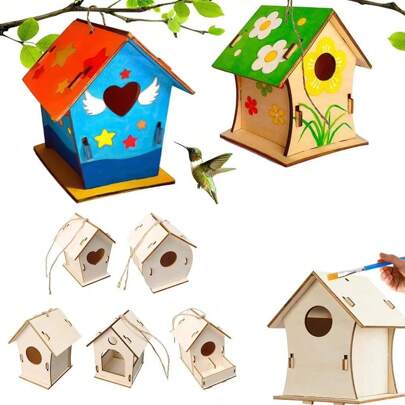 1pc Wooden DIY Bird Nest House Outdoor Unfinished Wood Bird Houses Bring Hemp Rope Arts Crafts Wooden Bird Houses For Painting DIY Craft