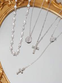 4pcs/Set Bohemian Crystal Tassel Necklace, Long Pendant Necklace, Vacation Style Jewelry, Suitable For Parties, Gifts, And Daily Wear - Silver - View 3