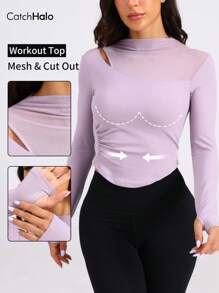 Catch Halo Mesh Panel Built In Bra 4-Way Stretch Knitted Fabric Women's Long Sleeve Workout Top - Cut Out & High Neck & Thumb Hole & Gathered Waist Sports Top | Slim Fit Yoga Tee | Breathable Comfortable Atheleisure Workout Tee For Yoga Pilate Gym Cycling Running (Orchid Haze, S~XL)