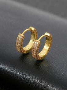 1 Pair Fashionable Full Rhinestone Hoop Earrings, Versatile For Men And Women, Stainless Steel Gold Color Earrings Suitable For Daily Wear