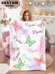 1pc Customized Name Blanket, Personalized Bed Blanket, Printable Name, Cute Blanket, Best Blanket For Children, Comfortable Blanket, Family Gift, Birthday Gift, Christmas Gift, Personalized Gift, Children's Day Gift, Gift For Son/Daughter, Gift For Friends, Gift For Kids - Style 1 - View 1