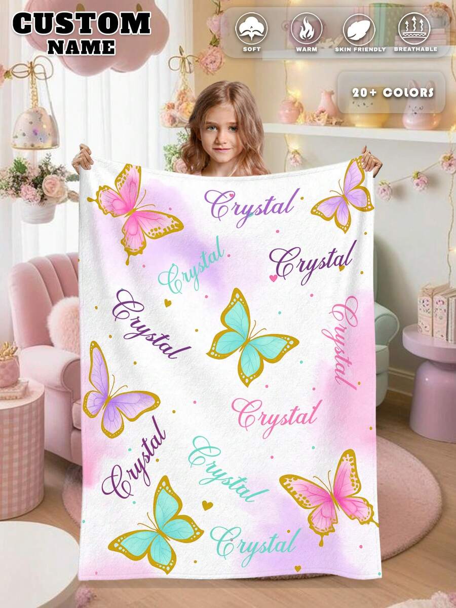 1pc Customized Name Blanket, Personalized Bed Blanket, Printable Name, Cute Blanket, Best Blanket For Children, Comfortable Blanket, Family Gift, Birthday Gift, Christmas Gift, Personalized Gift, Children's Day Gift, Gift For Son/Daughter, Gift For Friends, Gift For Kids - Style 1 - View 1