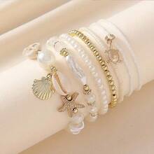 7pcs Ocean Style Imitation Pearl Starfish And Conch Pearl Bohemian Multi-Layer Bracelet Set For Women, Suitable For Beach Vacation Casual Daily Wear, Beautiful Holiday Surprise Gift White Gold Diameter 6.5cm/2.56in - 白金 - 查看 3