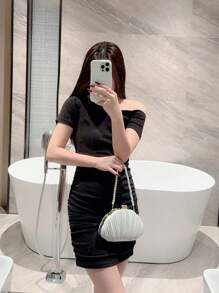 1pc Elegant Pleated Box Design Clutch Bag, Faux Pearl Decor, Formal Handbag For Wedding, Party, Prom, Evening Dress, Chain Strap Square Bag - White - View 9