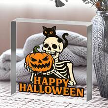 1 Pieza Cartel acrílico de Calabaza con Esqueleto y Gato de Halloween, Placa Feliz Halloween para estantería, escritorio o exhibición de fiesta, relleno de canasta de "Boo", decoración espeluznante, Cartel acrílico de Halloween, decoración del hogar, regalos, regalos de Navidad, regalos de cumpleaños