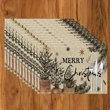 1 pieza/4 piezas/6 piezas Manteles individuales de lino con estampado de copos de nieve y árboles de Navidad, decoración navideña, adecuados para mesa de comedor, todo el año, manteles de mesa modernos y lavables, decoración del hogar, manteles individuales, posavasos, alfombrillas de cocina y comedor, decoraciones de fiesta interior y exterior, regalo ideal