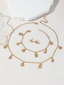 1 Set Of 4pcs Minimalist Alloy Starfish, Scallop, Shell, Conch Earrings, Necklace, Bracelet Jewelry Set For Women, Holiday & Daily Wear