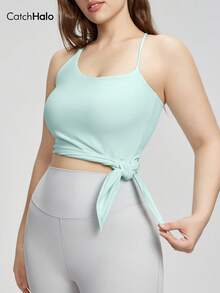 Crisscross Back Built In Bra Plus Size Women's Workout Tank Top - Thin Straps & Asymmetrical Hem Cropped Camisole | 4-Way Stretch Breathable Atheleisure Sport Tank Top For Gym, Yoga, Pilate, Running (Mint Green, 0XL~3XL) - Mint Green - View 6