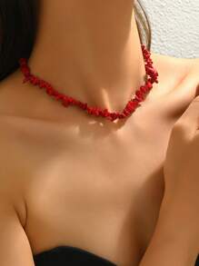 1pc Bohemian Style Vintage Elegant Asymmetrical Red Bead Necklace, Suitable For Women's Daily Wear Or Party