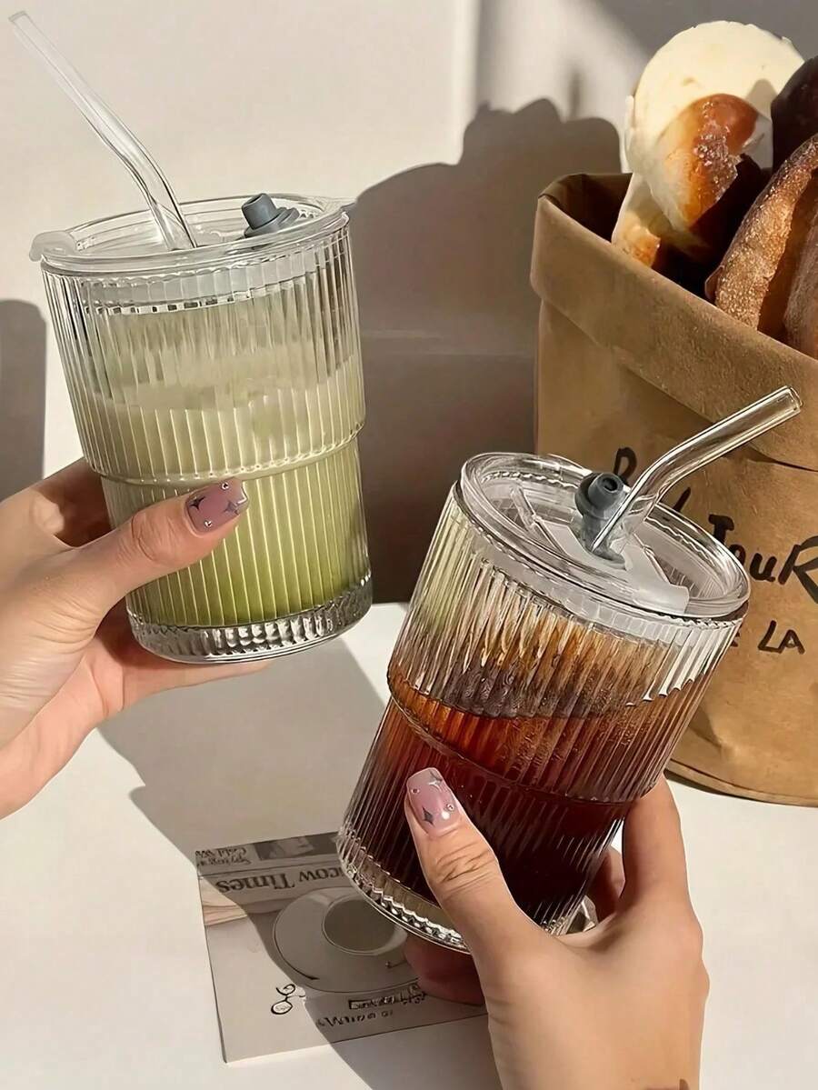 1个350毫升韩式圆形玻璃茶壶，竖条纹设计，简约优雅，带盖，透明平底，适合居家、酒店、聚会、餐厅饮用咖啡/茶/拿铁；1个带盖带吸管的耐热玻璃杯，防漏便携热饮杯，适合办公室和户外旅行，是圣诞节、万圣节、感恩节、婚礼回礼、生日礼物送给父母和朋友的理想之选。 - 透明 - 查看 1