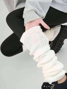 半双装女士大象罗纹针织长腿套，舒适学院风，过膝长款，适合各种日常穿着，温暖舒适 - 白色 - 查看 7
