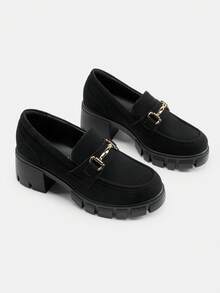 Women Chunky Loafers 2.17-Inch Heel Platform Loafers Pumps Slip On Casual Street Fashion Elegant Versatile Shoes - 黑色 - 查看 4