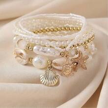 7pcs Ocean Style Imitation Pearl Starfish And Conch Pearl Bohemian Multi-Layer Bracelet Set For Women, Suitable For Beach Vacation Casual Daily Wear, Beautiful Holiday Surprise Gift White Gold Diameter 6.5cm/2.56in - 白金 - 查看 1